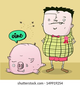 Proud farm man with first prize fat cute pig doing oink in a balloon