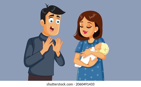 Proud Father Seeing His Baby For the First Time Illustration. Dad applauding with excitement his little newborn infant and brave wife
