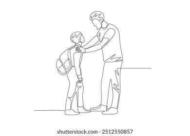 Proud father taking child to school. Saying goodbye to their children concept one-line drawing