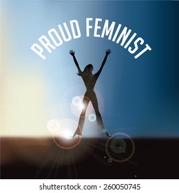 Proud feminist cheering woman at sunrise. EPS 10 vector royalty free stock illustration for greeting card, ad, promotion, poster, flier, blog, article, social media, marketing 