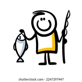 A proud fisherman holds a big fish and a fishing rod in his hands. Vector illustration of a funny man showing off his catch.