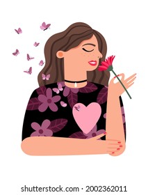 Proud girl loving yourself. Happy woman with hearts and butterflies with love herself vector illustration, person care lovely self character, confident beautiful lady healthcare