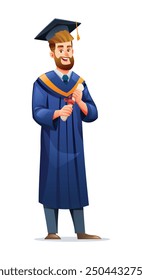 Proud graduate holding diploma in academic cap and gown with a joyful expression. Vector cartoon illustration