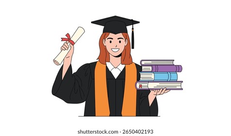 Orgulhoso pós-graduação que detém diploma e pilha de livros que comemoram a realização acadêmica