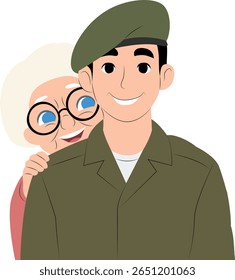 Orgulhoso Vovó Soldado Neto Abraçar, feliz Dia das Forças Armadas