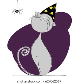 Proud grey cat dressed up for halloween party - wearing black wizard hat with yellow stars - original hand drawn illustration