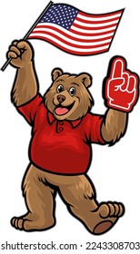 Proud grizzly bear holding United States flag