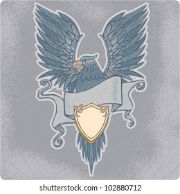 Proud high detailed eagle with banner and shield in engrave style.