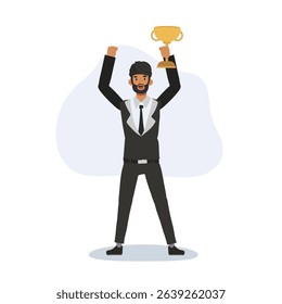 proud indian man in formal suit celebrates victory holding golden trophy with a big smile.