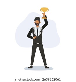 proud indian man in formal suit celebrates victory holding golden trophy with a big smile.