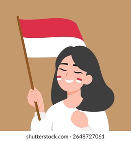 Orgulhosa menina indonésia segurando bandeira nacional ilustração vetor