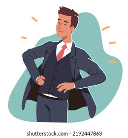 Proud leader business man standing with hands on hips. Confident successful executive manager businessman person character having career achievement. Leadership, win concept flat vector illustration