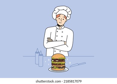 Proud male chef cook burger in bar or cafe. Smiling man in uniform preparing American style meal. Fast food at restaurant. Vector illustration. 