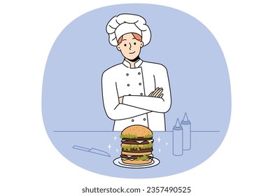 Proud male chef cook burger in bar or cafe. Smiling man in uniform preparing American style meal. Fast food at restaurant. Vector illustration.