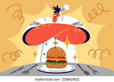 Proud male chef presenting gourmet delicious hamburger on plate in restaurant. Smiling man cook show burger in bar or cafe. Food and cuisine. Vector illustration. 