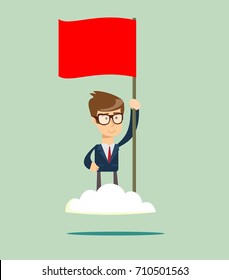 Proud man raising a red flag on the cloud. Successful challenge concept, new achievement. Stock flat vector illustration.