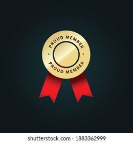 proud member, elegant golden vector badge with red color ribbon