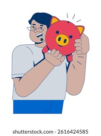 Proud money saver shaking piggy bank 2D illustration concept. Budgeting, frugal lifestyle. Financial responsible man with piggybank cartoon character isolated on white. Flat abstract vector metaphor
