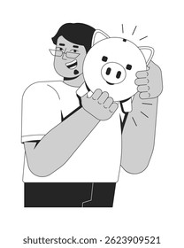 Economia de dinheiro orgulhosa tremendo piggy bank linha de ilustração conceito. Orçamento, estilo de vida frugal. Homem financeiro responsável com piggybank esboço 2D personagem isolado. Arte vetorial de metáfora linear de tinta