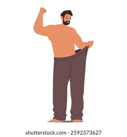 Proud muscular man cartoon character wearing large trousers rejoicing good results in weight loss, bodybuilding to change body shape and wellness vector illustration isolated on white background