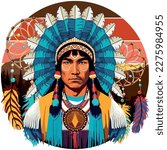 Proud Native American Chief Powerful Portrait with Dream Catchers and Mountains on Background Vector Logo Illustration
