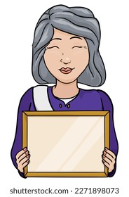 Proud older woman with gray hair, elegant purple dress and sash, holding a blank diploma frame. Design in cartoon style over white background.