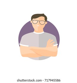 Proud, overproud man in glasses, flat vector icon