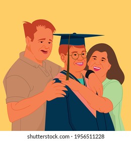 Proud parents embracing their child at graduation, isolated on yellow background.