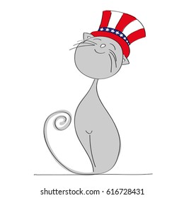 Proud patriotic cat dressed up for Independence Day celebration, 4th of July - original hand drawn illustration