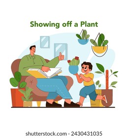 Proud plant presentation. Young boy excitedly shows thriving potted plant to approving father. Joys of plant care and growth. Eco friendly educational hobby for kids. Flat vector illustration