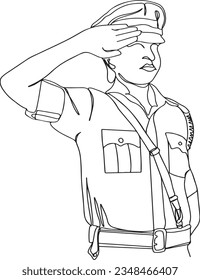 Proud Policewoman: One-Line Sketch Illustration of Saluting Hero, Nation's Pride: Police Officer's Salute in One-Line Sketch, One-Line Drawing of Policewoman in Uniform