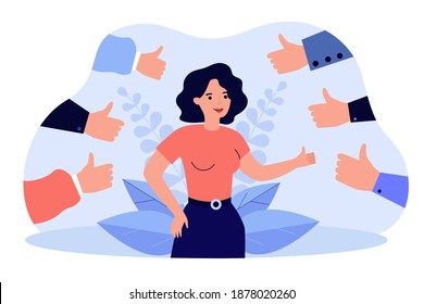 Proud positive woman surrounded by hands with thumbs up isolated flat vector illustration. Happy cartoon character accepting public approval and smiling. Respect and audience recognition concept