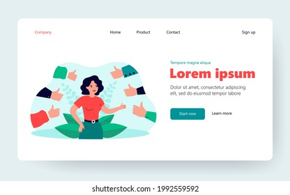 Proud positive woman surrounded by hands with thumbs up isolated flat vector illustration. Happy cartoon character accepting public approval and smiling. Respect and audience recognition concept