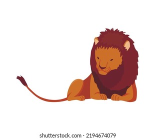 Proud powerful lion character. King of animal. Cartoon cute wild cat is lying. Isolated vector Illustrations on a white background