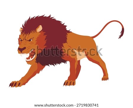 Proud powerful lion character. King of animal. Cartoon cute wild cat standing. Isolated vector Illustrations on a white background