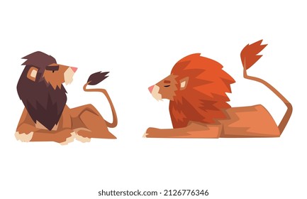 Proud Powerful Lion Mammal with Prominent Mane and Hairy Tuft on Its Tail Vector Set