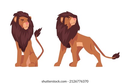 Proud Powerful Lion Mammal with Prominent Mane and Hairy Tuft on Its Tail Vector Set