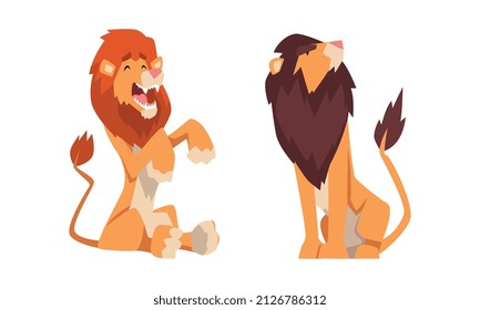 Proud Powerful Lion Mammal with Prominent Mane and Hairy Tuft on Its Tail Vector Set