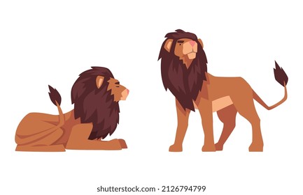 Proud Powerful Lion Mammal with Prominent Mane and Hairy Tuft on Its Tail Vector Set