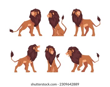 Proud Powerful Lion Mammal with Prominent Mane and Hairy Tuft on Its Tail Vector Set