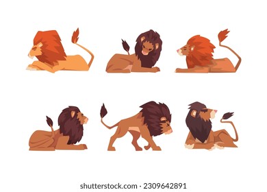 Proud Powerful Lion Mammal with Prominent Mane and Hairy Tuft on Its Tail Vector Set