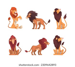 Proud Powerful Lion Mammal with Prominent Mane and Hairy Tuft on Its Tail Vector Set