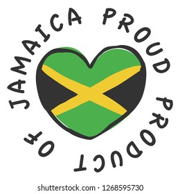 Proud product of Jamaica vector graphic. Hand-drawn flag of Jamaica enclosed in a heart with the words 'proud product of Jamaica' in a circle around it. 