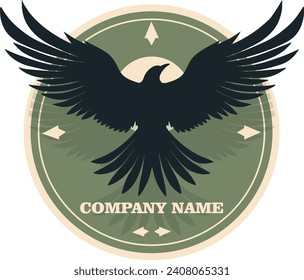 Proud raven bird, eagle spread its wings on green background. Logo, emblem, vector illustration