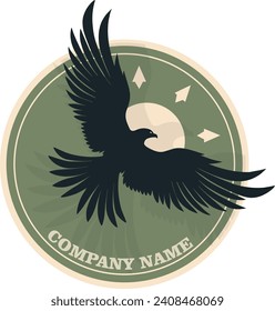 Proud raven bird, eagle spread its wings on green background. Emblem logo, vector illustration