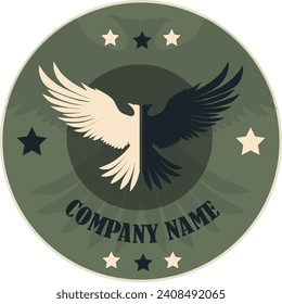 Proud raven bird, eagle spread its wings on green background. Vector illustration, emblem logo