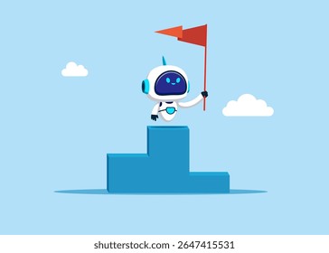 Proud robot holding winner red flag on first place podium. Celebration of success and career victory. Vector illustration.