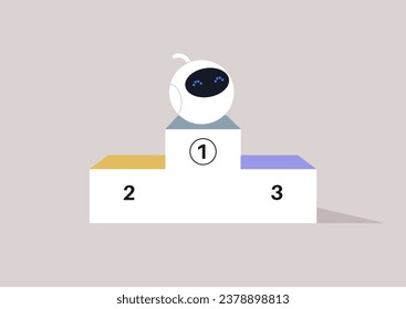 A proud robot stands atop the first-place position on a winner's podium, symbolizing the instance when artificial intelligence achieved victory over the human brain in a contest or competition