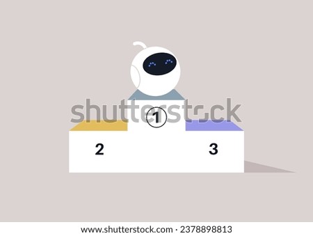A proud robot stands atop the first-place position on a winner's podium, symbolizing the instance when artificial intelligence achieved victory over the human brain in a contest or competition
