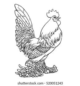 Proud rooster black contour line on white background. Fiery cock, chicken a symbol of the Chinese new year 2017. Vector illustration. Vintage.